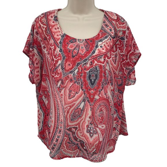 Style & Co Womens Red Chiffon Paisley Print Short Sleeve Blouse Size M - Picture 1 of 8